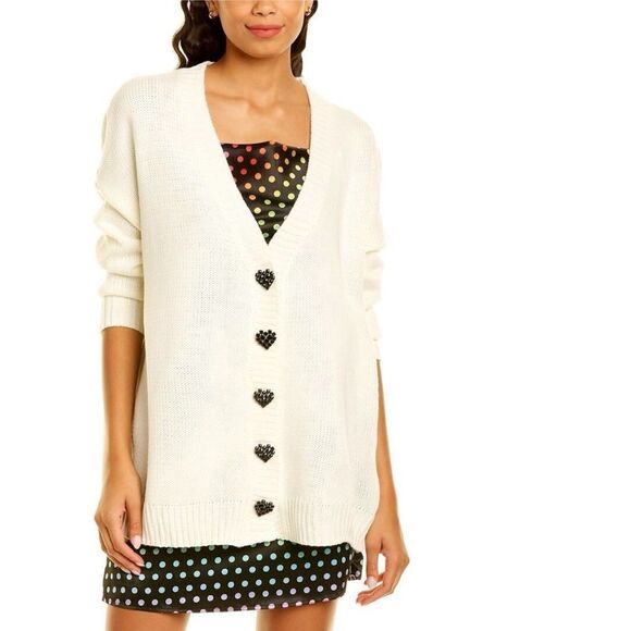 OLIVIA RUBIN Cecily Cream Knit Rhinestone Heart Buttons Cardigan Sweater - Picture 1 of 6
